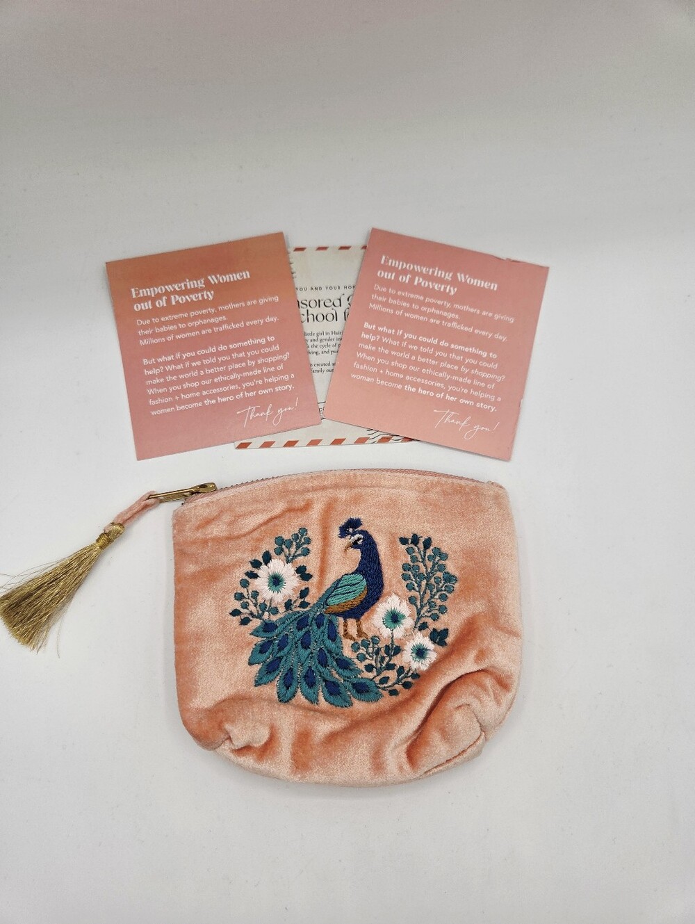 Trades Of Hope Peacock Clutch Embroidered Pink Velvet Tassel Zip Pouch  Bag NWOT